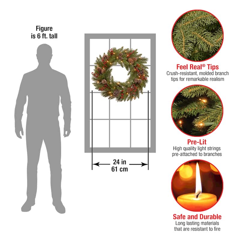 National Tree Company 2 ft. Feel Real Bristle Berry Wreath with Battery Operated LED Lights - 2 ft