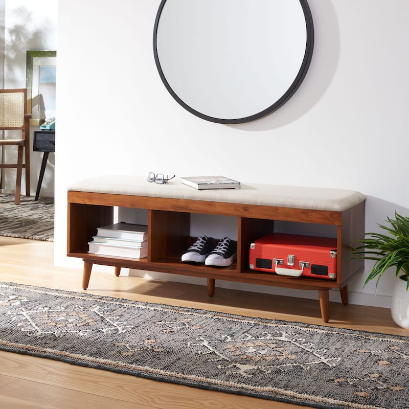 SAFAVIEH Cricket Mid-Century Modern Open Shelf Storage Bench with Cushion - Cream Linen/Natural Acacia