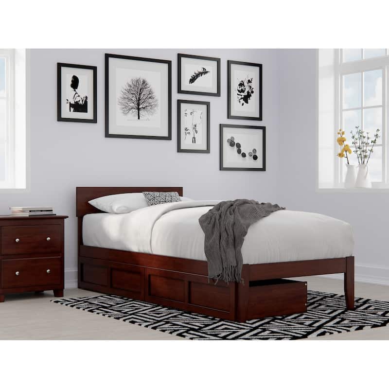 Boston Modern Contemporary Bed with 2 Extra Long Drawers - Walnut - Twin XL