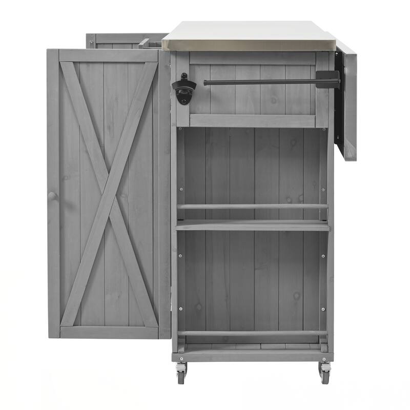 Outdoor Kitchen Island Fir Wood Kitchen Island with Stainless Steel Top, Ample Storage Space, Towel and Spice Racks