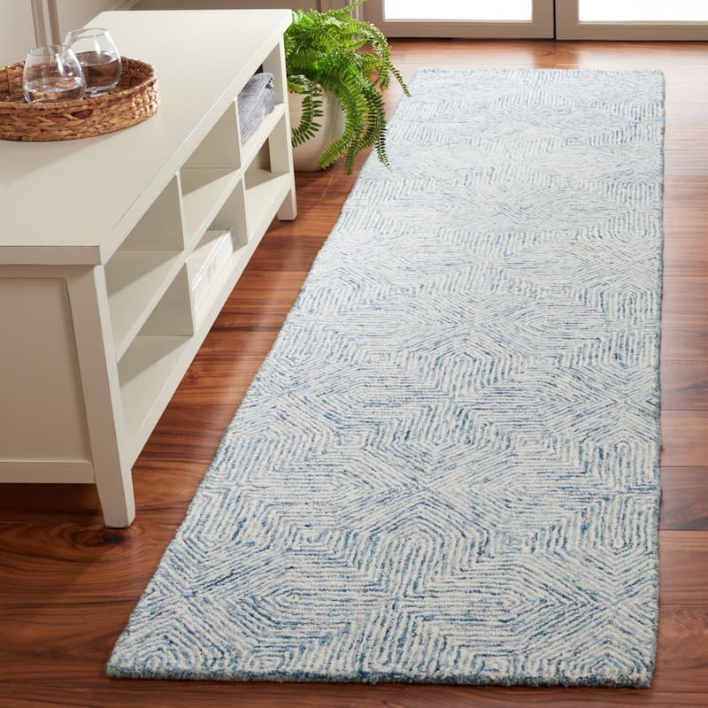 SAFAVIEH Handmade Abstract Auli Modern Wool Rug - 2'3" x 9' Runner - Blue/Ivory