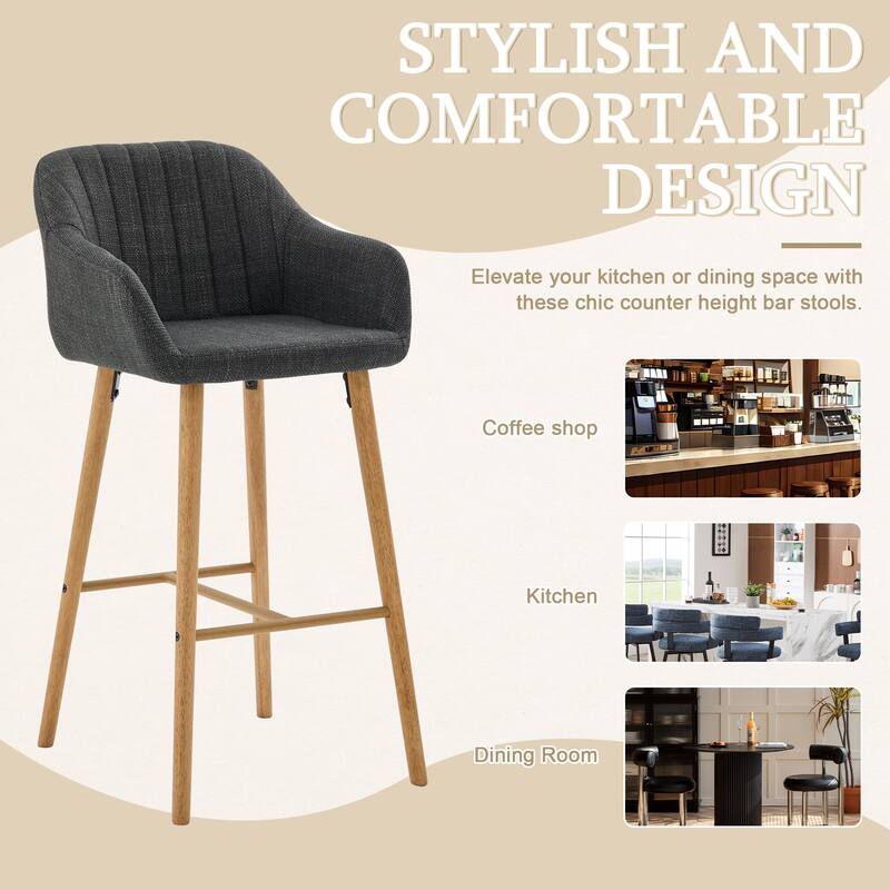 Modern Bar Stools Set of 2 with Back, Arm & Footrest, Linen Upholstered Kitchen Island Chairs