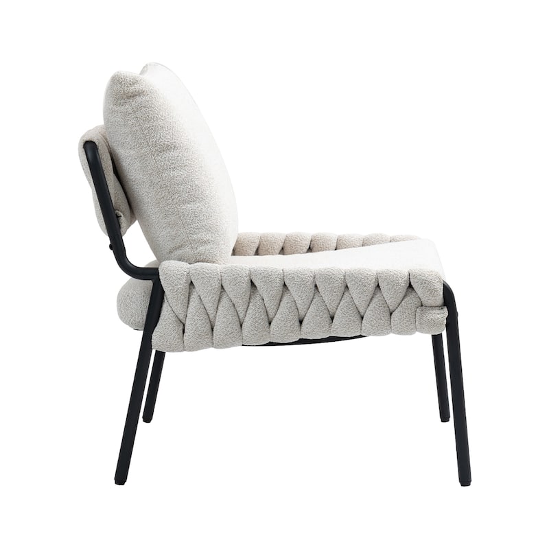 Beige Fabric Metal Lounge Chair with Cushioned Seat and Braided Arms - 26.77" D x 25.20" W x 33.07" H