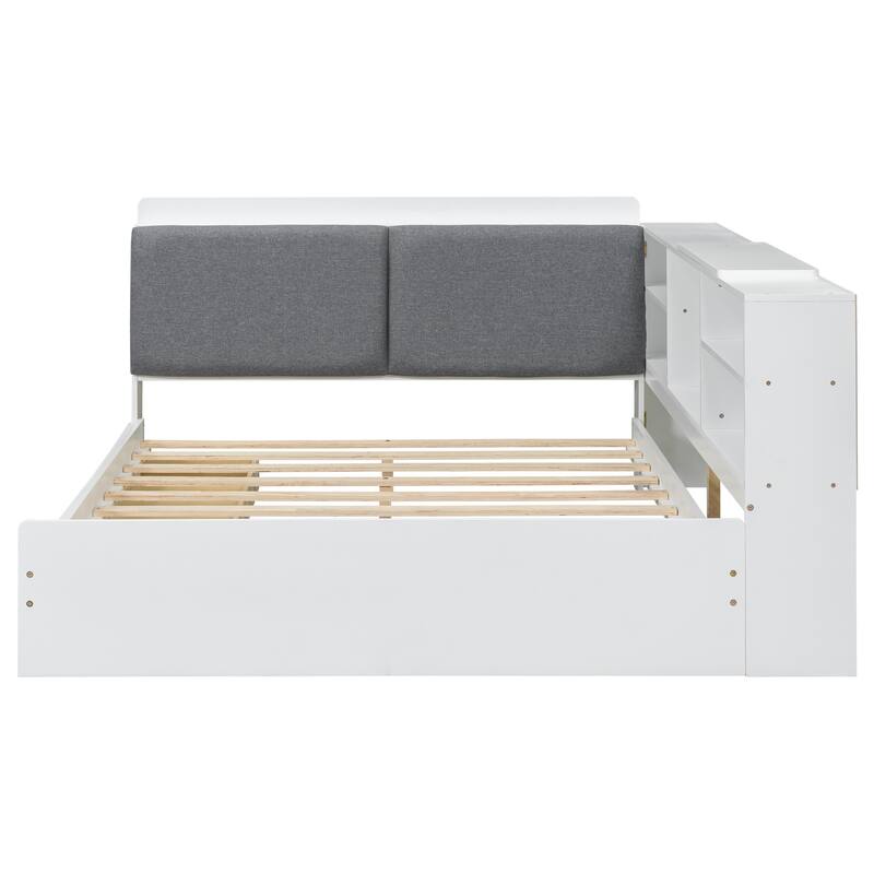 Space-Saving Daybed with 2 Storage Drawers and Bookcase, Wooden L Shaped Platform Bed Frame with Shelves, No Box Spring Needed