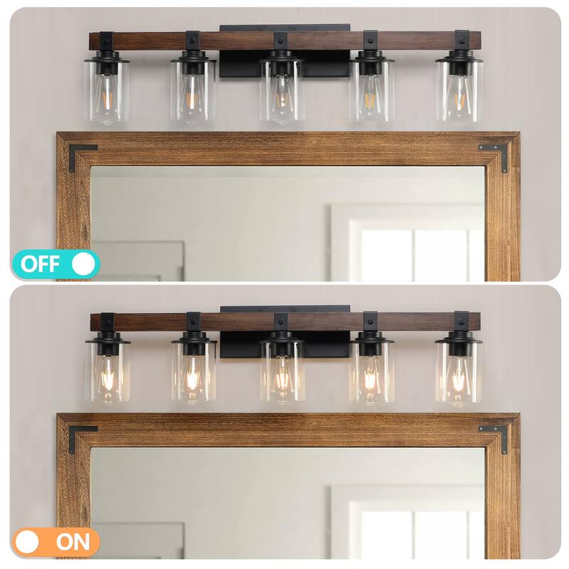 35" Rustic 5-Light Vanity Light, Industrial Bathroom Wall Sconce with Glass Shades and Wood Accent (No Bulbs) - Walnut