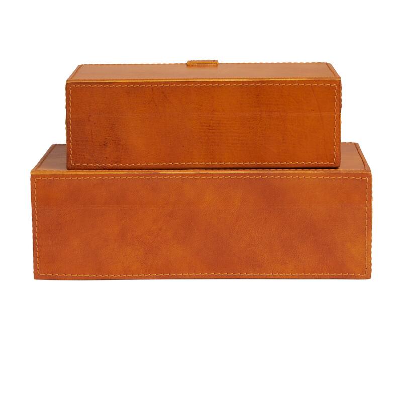 Brown Leather Storage Box with Snap Front Closure and Detailed Stitching (Set of 2)