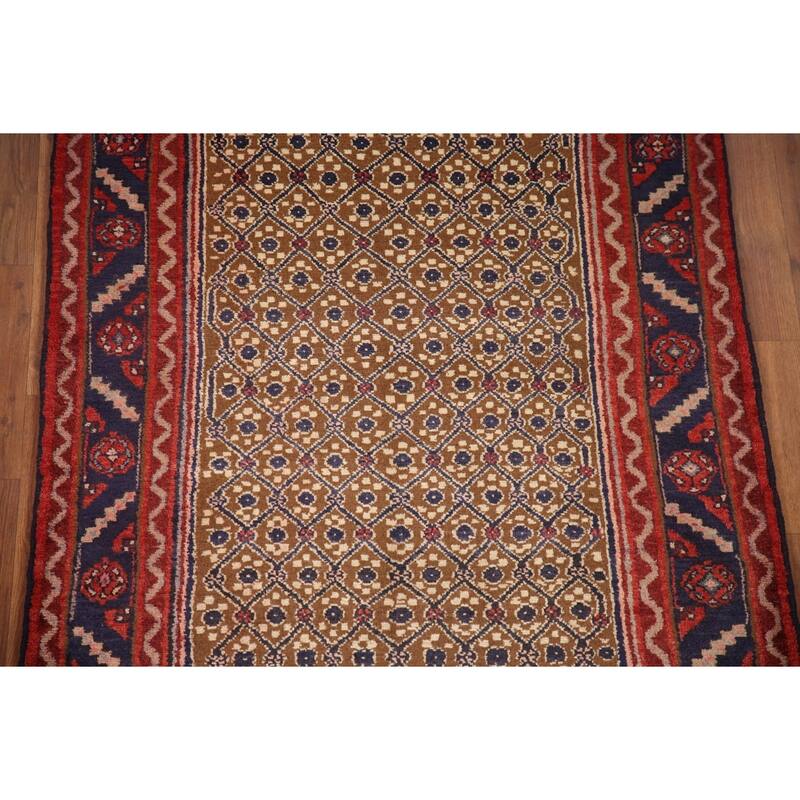 Hand Knotted Oriental 100% Wool Carpet Traditional Geometric Brown Koliaei Runner Rug - 9' 4'' X 3' 9''