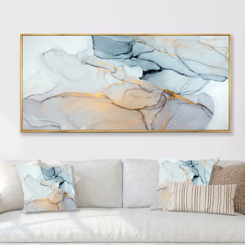 Designart "Luxry Blue And Grey Marble Art Ripples II" Abstract Framed Canvas Wall Art - 60 in. Wide x 28 in. High - Gold