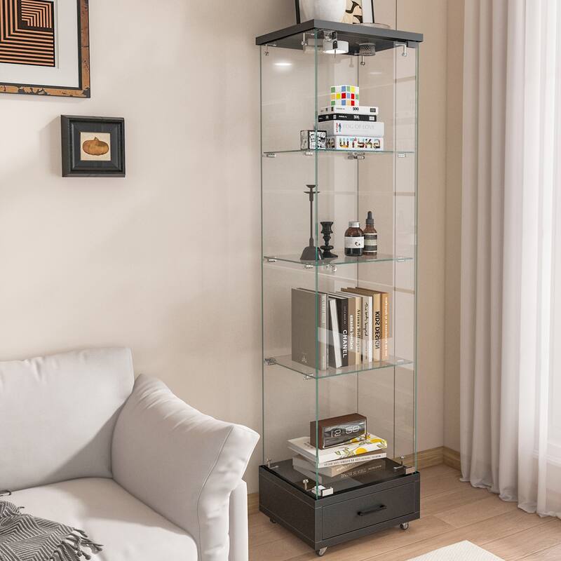 Glass Display Cabinet With Drawer,Cabinet With Led Lights,Tempered Glass Bookshelf, 1-Door Storage Case With 4 Shelves