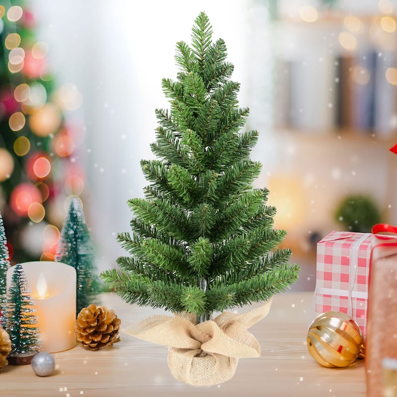 Set of 2 Tabletop Christmas Trees, 2FT Small Artificial PVC Green Trees with 68 Tips Each, Burlap-Wrapped Cement Base