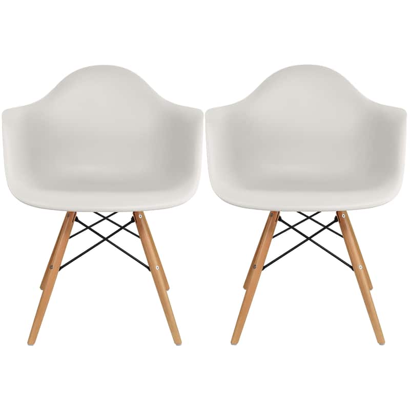 Set of 2 Plastic Accent Modern Designer Dining Chair With Arms Molded Shell Desk Natural Wooden Legs Kitchen Patio - Light Gray