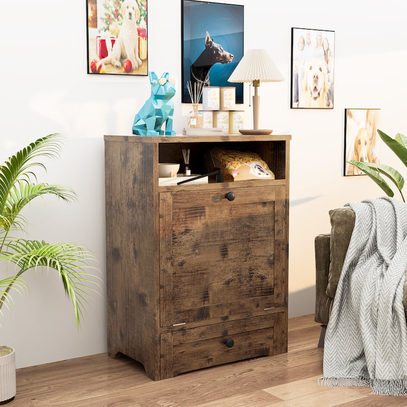 Mieres Rustic Brown Wooden Furniture Style Pet Feeder Station, Dog Food Station Organizer with Bins and Drawers - N/A