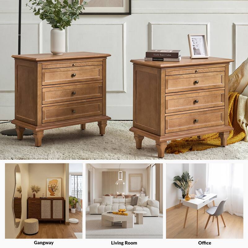 Muriel Farmhouse 3 Drawers End Table with Built-In Outlets nad Pull-out Shelf Set of 2 by HULALA HOME