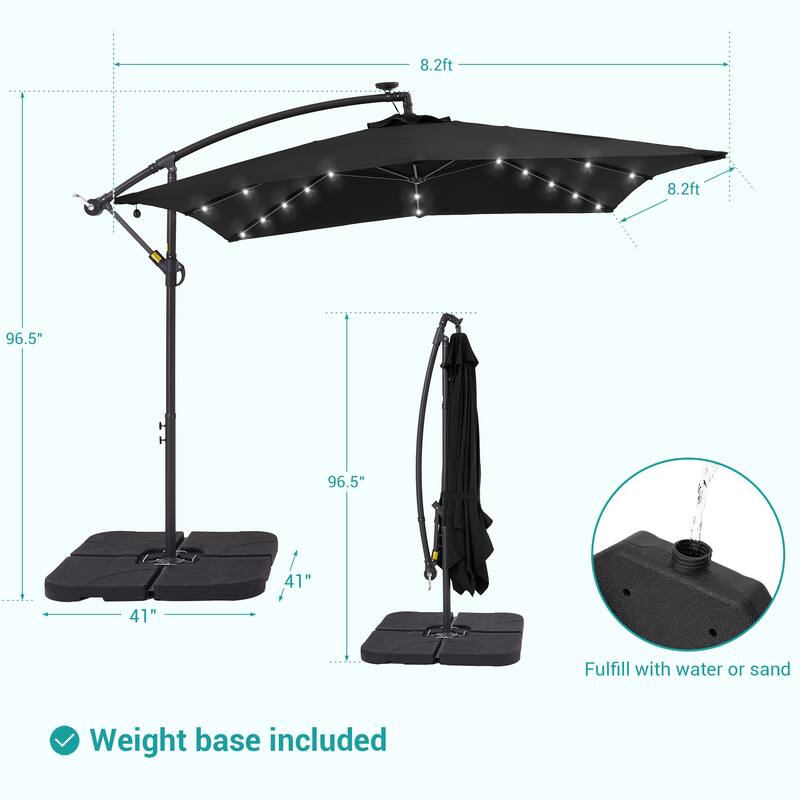 LIVOOSUN 8.2Ft LED Square Offset Hanging Patio Umbrellas w/Base