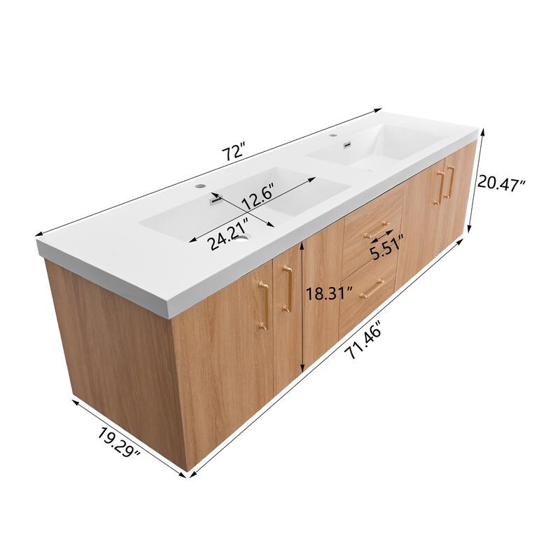 StellarArc 60/ 72 in Wall Mounted Double Sink Bathroom Vanity with Integral Sink Top