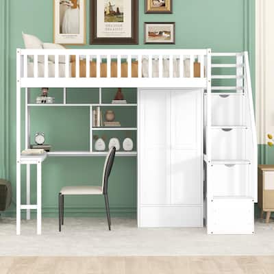 Twin size Loft Bed with Bookshelf Drawers Desk and Wardrobe