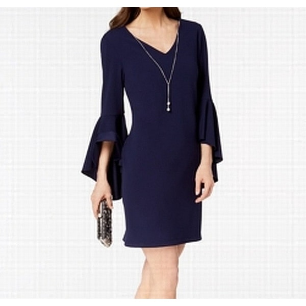 MSK Blue Womens Size 12 V-Neck Bell-Sleeve Solid Sheath Dress
