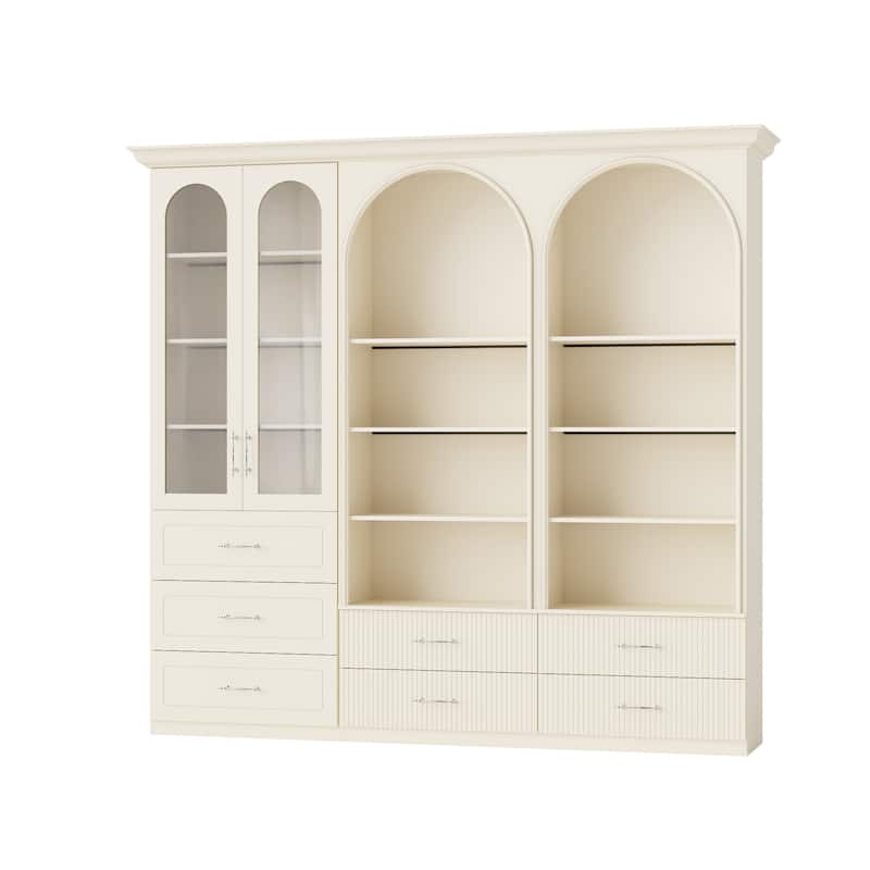 Modular Bookcase with LED Lights, Glass Door Storage Cabinet with Drawers, Large Display Shelving Unit Sideboard