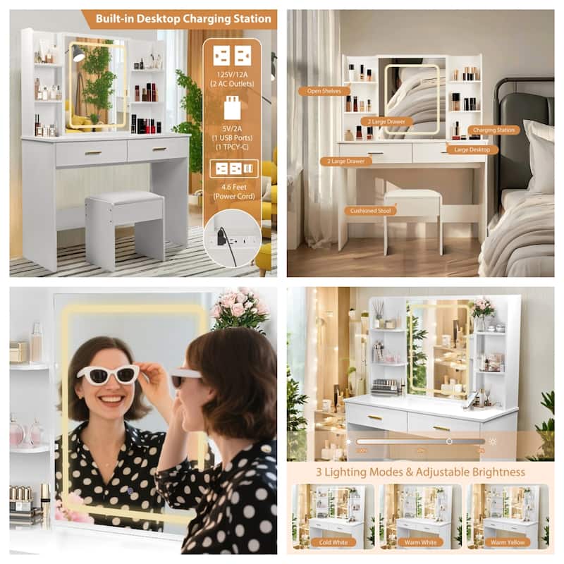 Makeup Vanity with LED Lights, Power Outlet, 2 Drawers, 6 Shelves