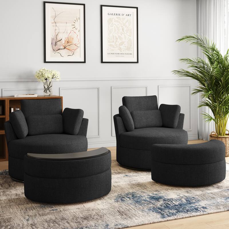 Upholstered Barrel Swivel Chairs with Moon Ottoman (Set of 2)