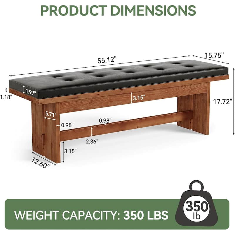 55 Inches Solid Wood Bench with Cushion for Bedroom