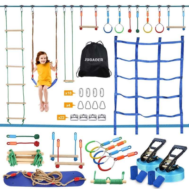 Hapfan 50ft Warrior Obstacle Course with 10 Obstacles for Backyard Outside with Swing