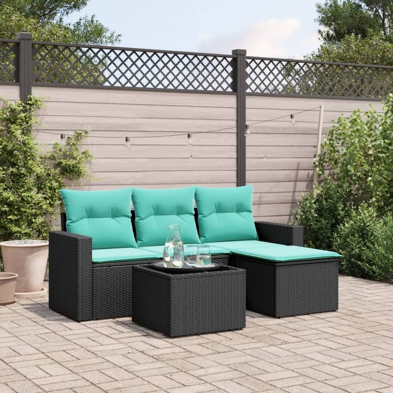 vidaXL 5 Piece Patio Sofa Set with Cushions Black Poly Rattan - 21.7" x 24.4" x 27.2" - Black and blue