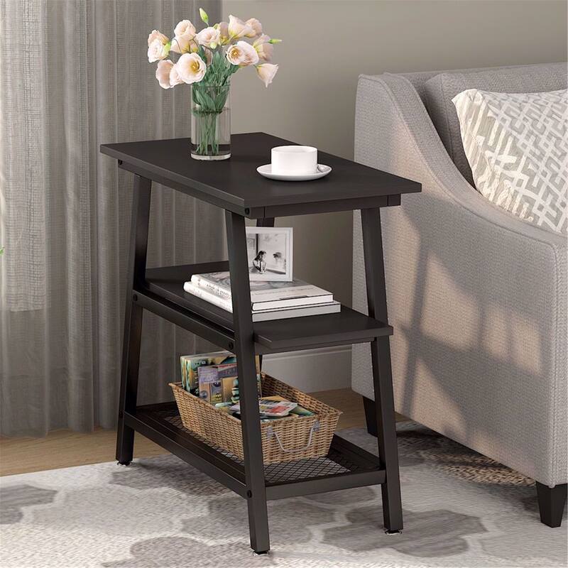 Industrial End Side Bed Table with Storage Shelf for Living Room