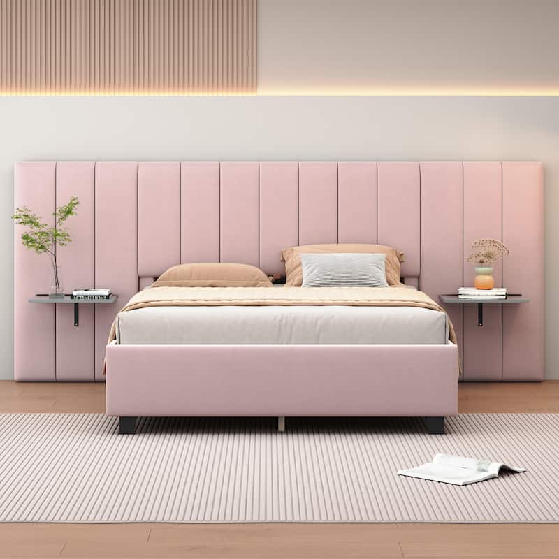 Queen Size Modern Style Velvet Upholstered Platform Bed with Big Headboard for Bedroom