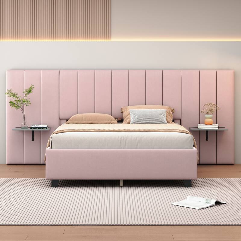 Upholstered Platform Bed with Oversized Headboard and 2 Side Shelves, Comfort & Soft Velvet Bed Frame Vertical Stripes Backerest