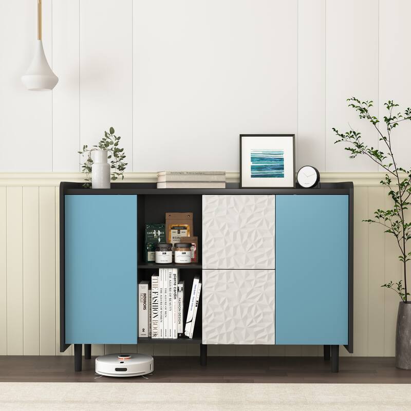 Modern Sideboard Buffet Cabinet with 2 Drawers and 2 Open Storage Compartment