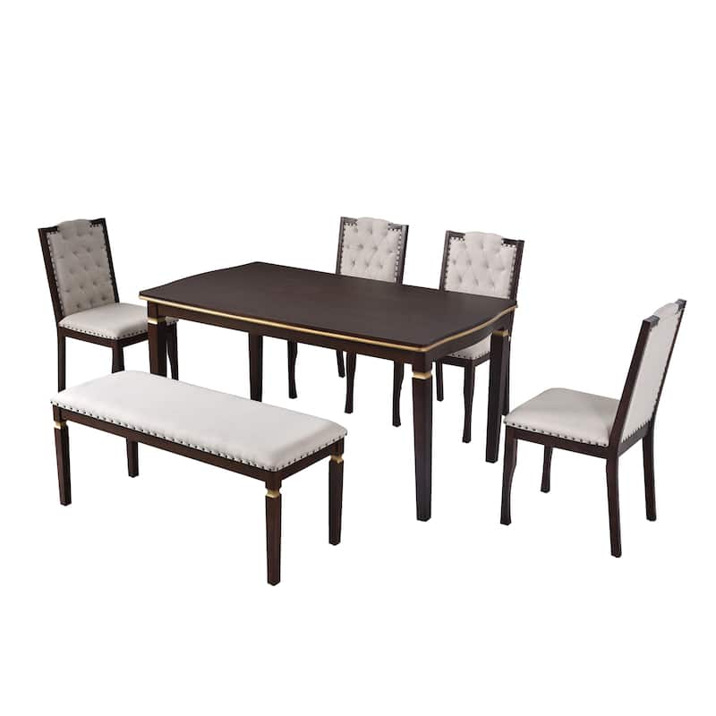 6 Piece Dining Table Set, 60" Solid Wood Rectangular Table with 4 High-Back Tufted Chairs and 1 Bench for Kitchen