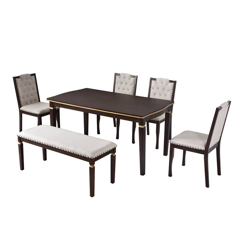 Kitchen Dining Table Set, Dining Room Table Set for 6 with Rectangular Table, Bench and 4 High Back Tufted Chairs