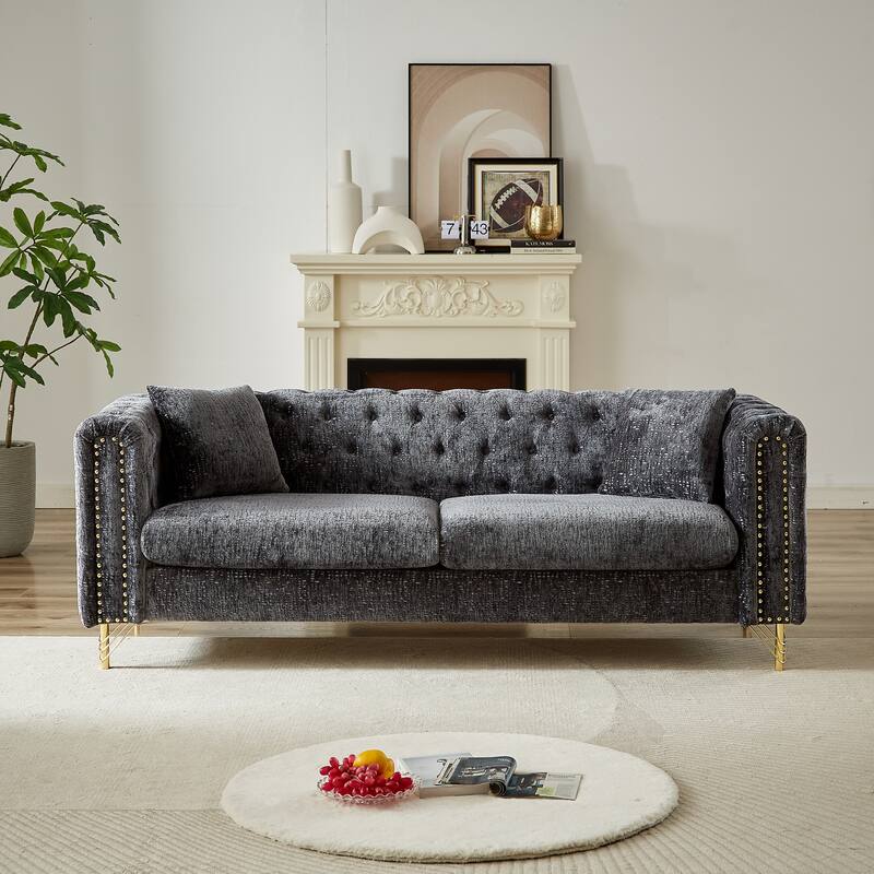 Buttons Tufted Pull Buckle Design Sofa with Copper Nail Decoration Armrest and Metal Legs