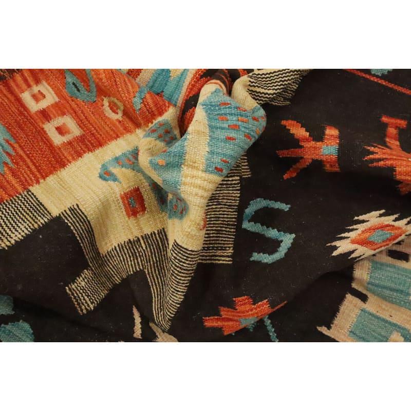 Hand Woven Oriental 100% Wool Carpet Southwestern Tribal Black Kilim Area Rug - 9' 8'' X 8' 1''