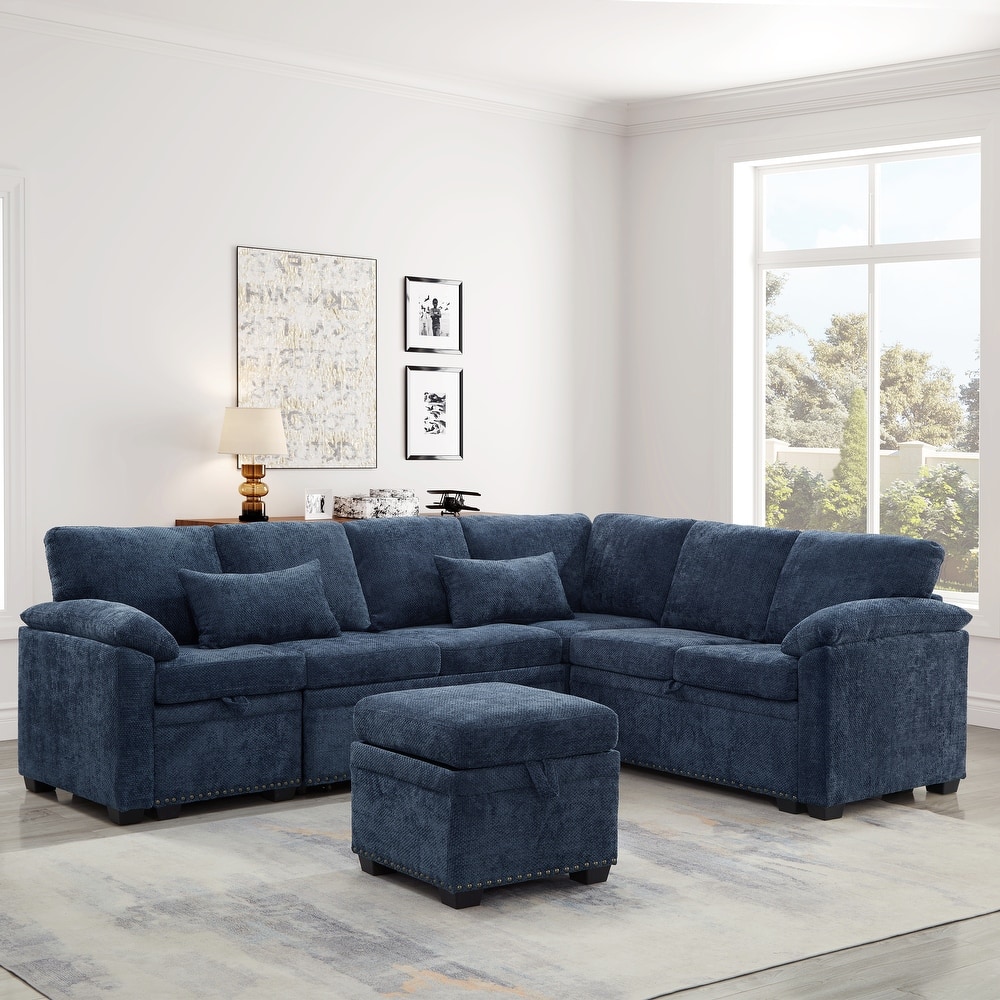 97" L-Shaped Chenille Corner Modular Sectional Sofa Couch with Storage Ottoman & 2 Pillows