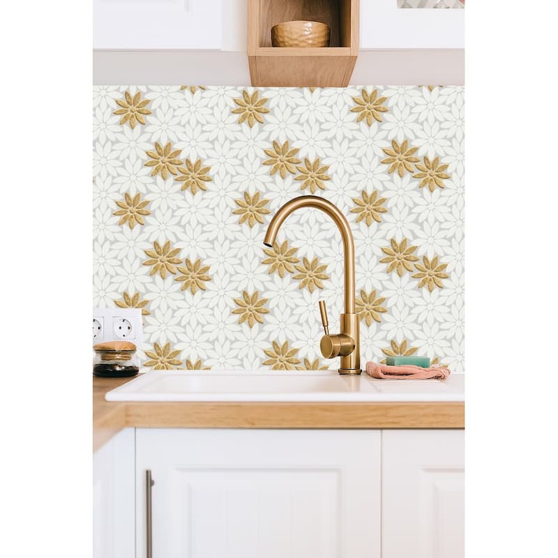 Thassos White Marble And Gold Glass Daisy Wall Mosaic Tiles - Case (10 Sheets)
