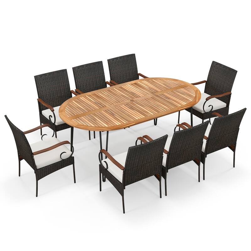 Gymax 9 PCS Acacia Wood Table & 8 Patio Wicker Armchairs Patio Rattan
