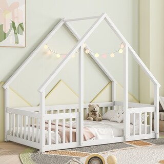 Twin Size Solid Wood House-Shaped Floor Bed with Fence and Guardrails