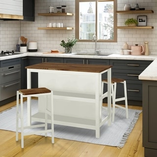 3 PCS Wood Dining Table Set Rustic Retro Stools with Open Shelves - Bed ...