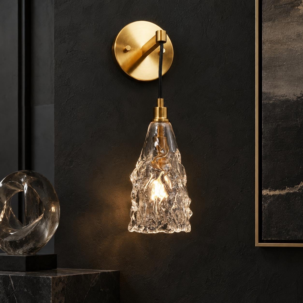 Uolla Modern Glam Art Deco 1-Light Brass Bathroom Wall Sconce with Hammerd Glass - W 4.5" x D 5" x H 16..5"