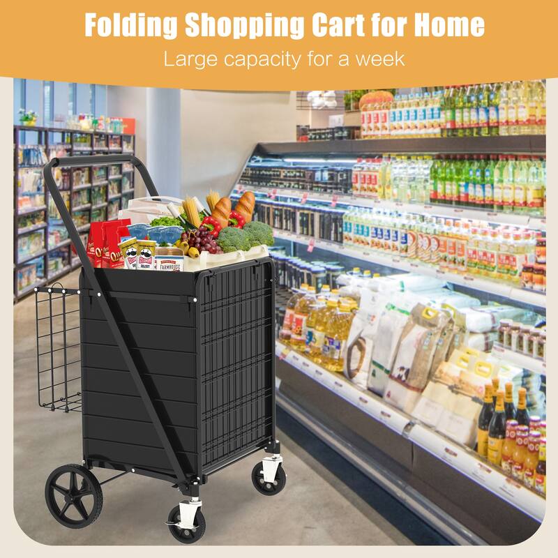 Foldable Grocery Shopping Cart w/ Brake & Double Basket and 360 Rolling Swivel Wheels