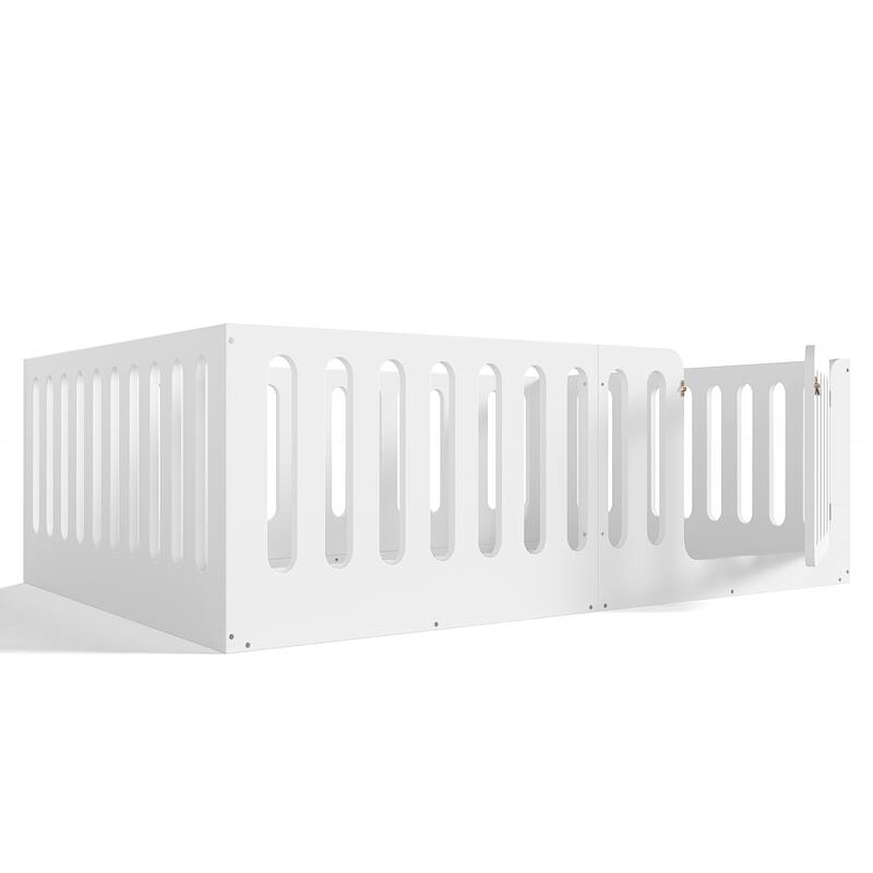 Toddlers Montessori Floor Bed with High Fence, Door, Low Profile Platform Bed Frame for Kids with No Box Spring Needed, No Slats