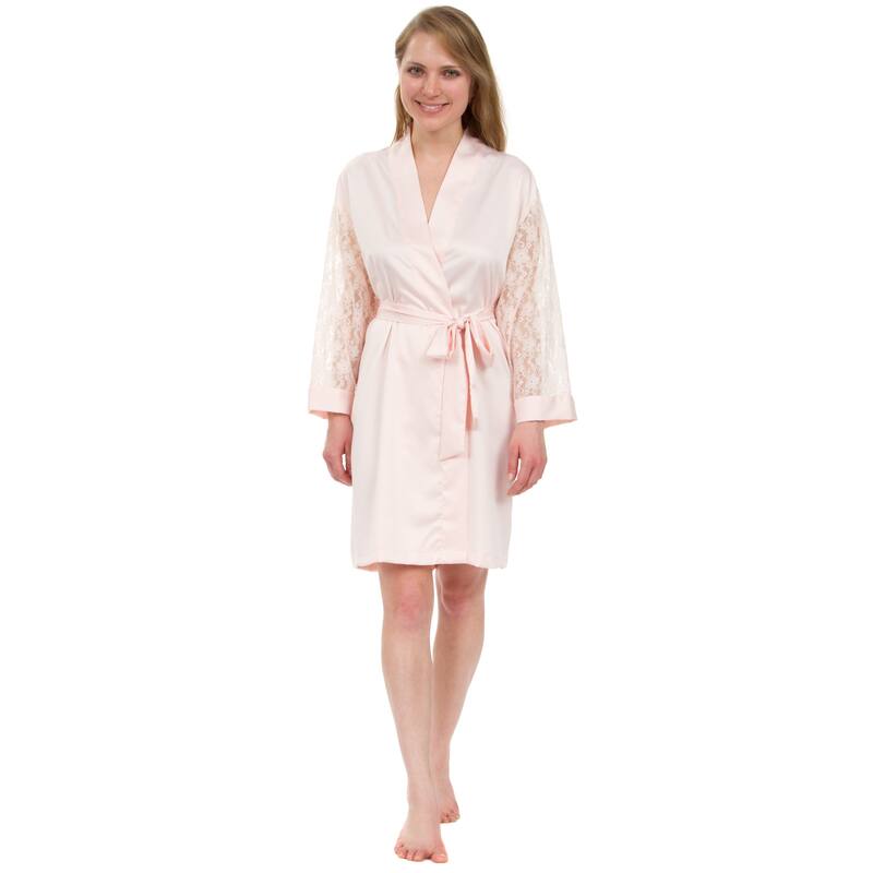 Leisureland Lace Sleeve Matte Satin Knee-Length Robe - Blush Pink - S/M