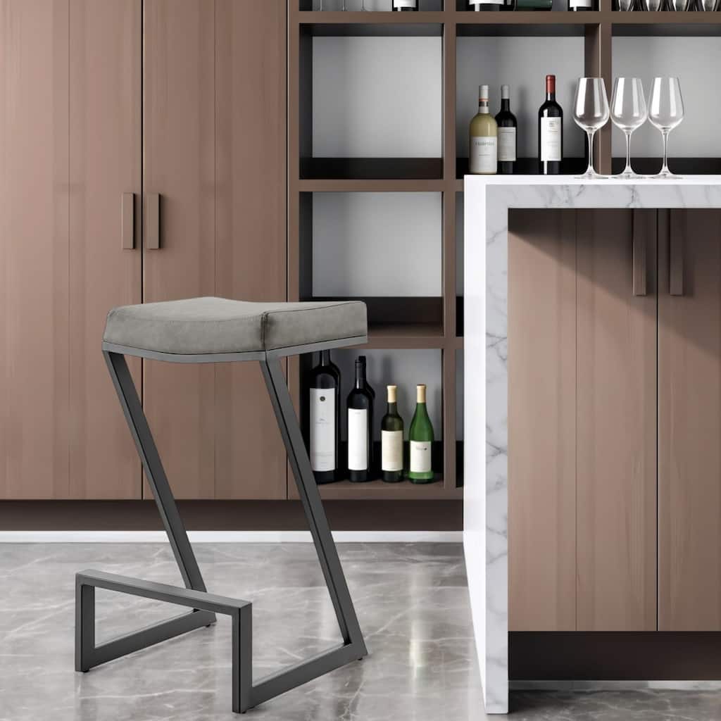 HomeRoots 30" Gray and Black Faux Leather and Iron Backless Bar Height Bar Chair