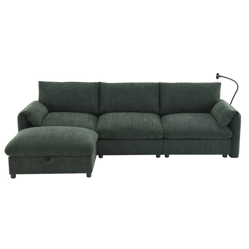 96.5'' 4-Seat Chenille Sectional Sofa, Storage Ottoman, Phone Holder, USB Charger, Green