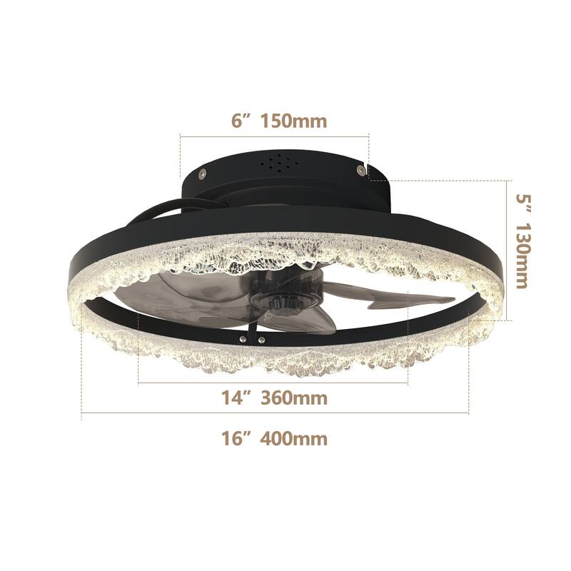 16" Decorative LED Ceiling Fan Light - Modern Flush Mount with Crystal-Inspired Acrylic Ring, Hidden Blades, Remote Control