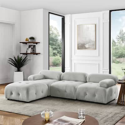 Grey 93'' L-Shaped 4 Seat Modular Sofa with Reversible Ottoman and Sturdy Wood Frame for Living Room, Apartment