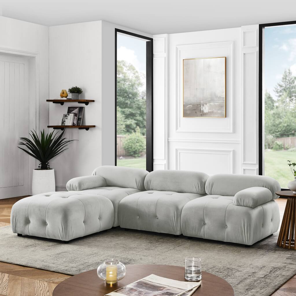Grey 93'' L-Shaped 4-Seater Modular Sofa with Reversible Ottoman and Sturdy Frame