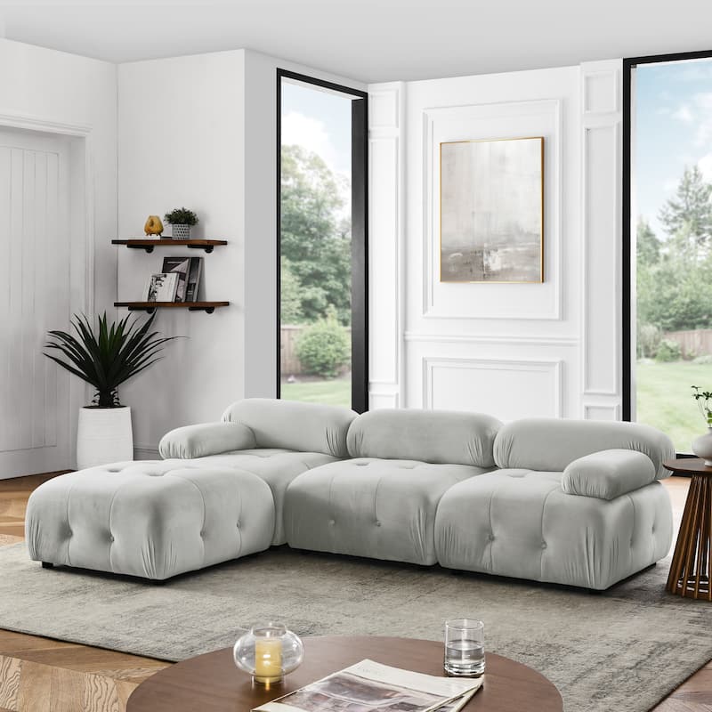 Grey 93'' Modular L-Shaped 4 Seat Sectional Sofa with Reversible Ottoman, Button Tufted Design and Comfortable Cushions - LIGHT GREY